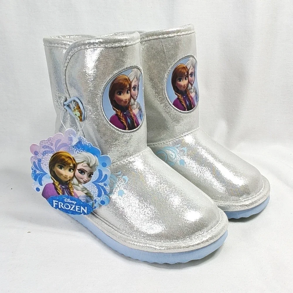 Disney Frozen Boots Silver Anna Elsa Faux Fur Metallic Snowflake Toddler 12 New